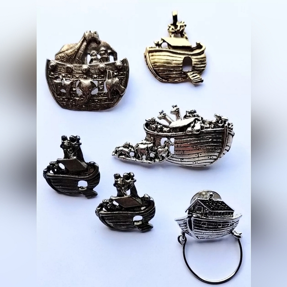 Vintage LOT OF 5 Noah's Ark Figural Brooch Pendant Earrings Silver Pewter Gold